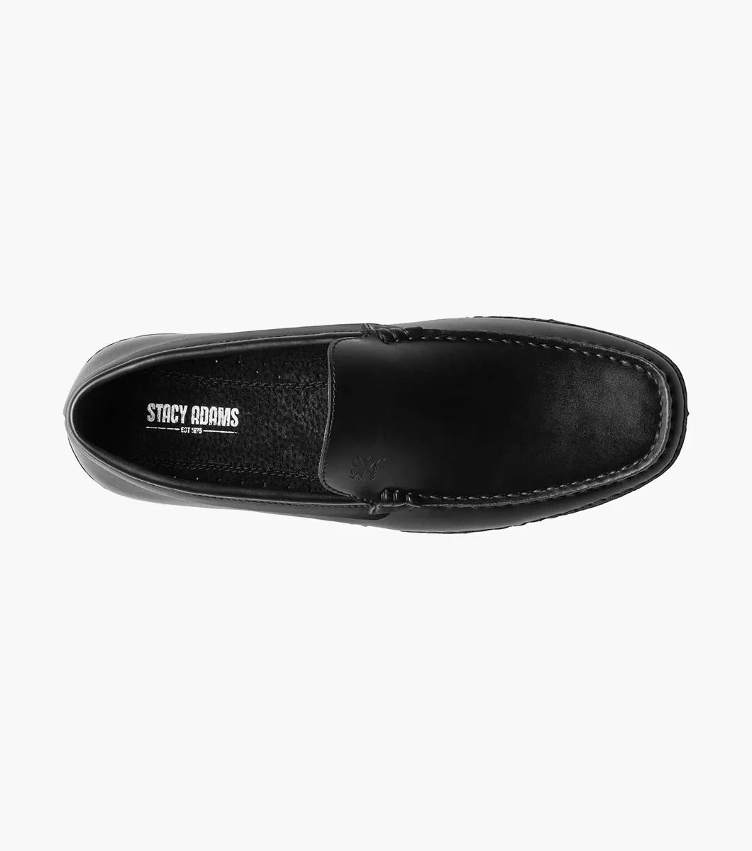 A Stacy Adams DEL Moc Toe Loafer in black leather, featuring a discreet logo on the side. The interior is lined with a striped pattern, providing both style and comfort.