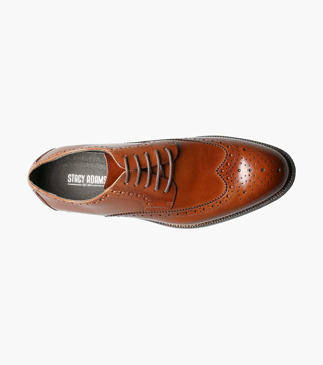 Stacy Adams GARRISON Wingtip Oxford in Cognac, featuring genuine leather with decorative perforations, a black sole, and a cushioned insole for enhanced comfort.