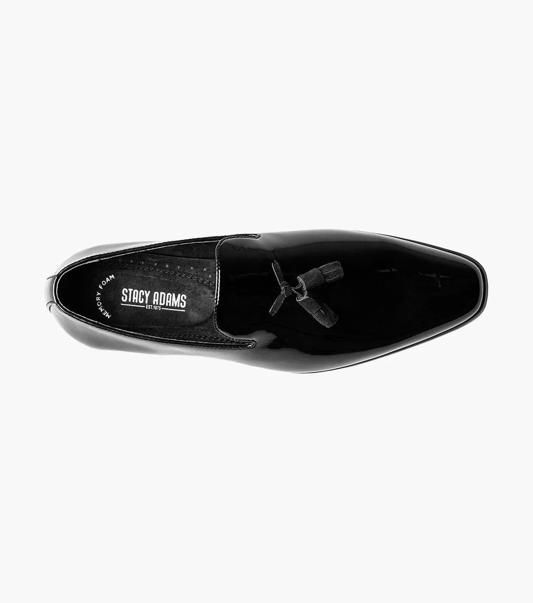 The Stacy Adams PHOENIX Plain Toe Tassel Slip On (Black Patent - 21011-004) is a stylish black loafer crafted with a polished patent upper and low heel, enhanced by a memory foam footbed for superior comfort.