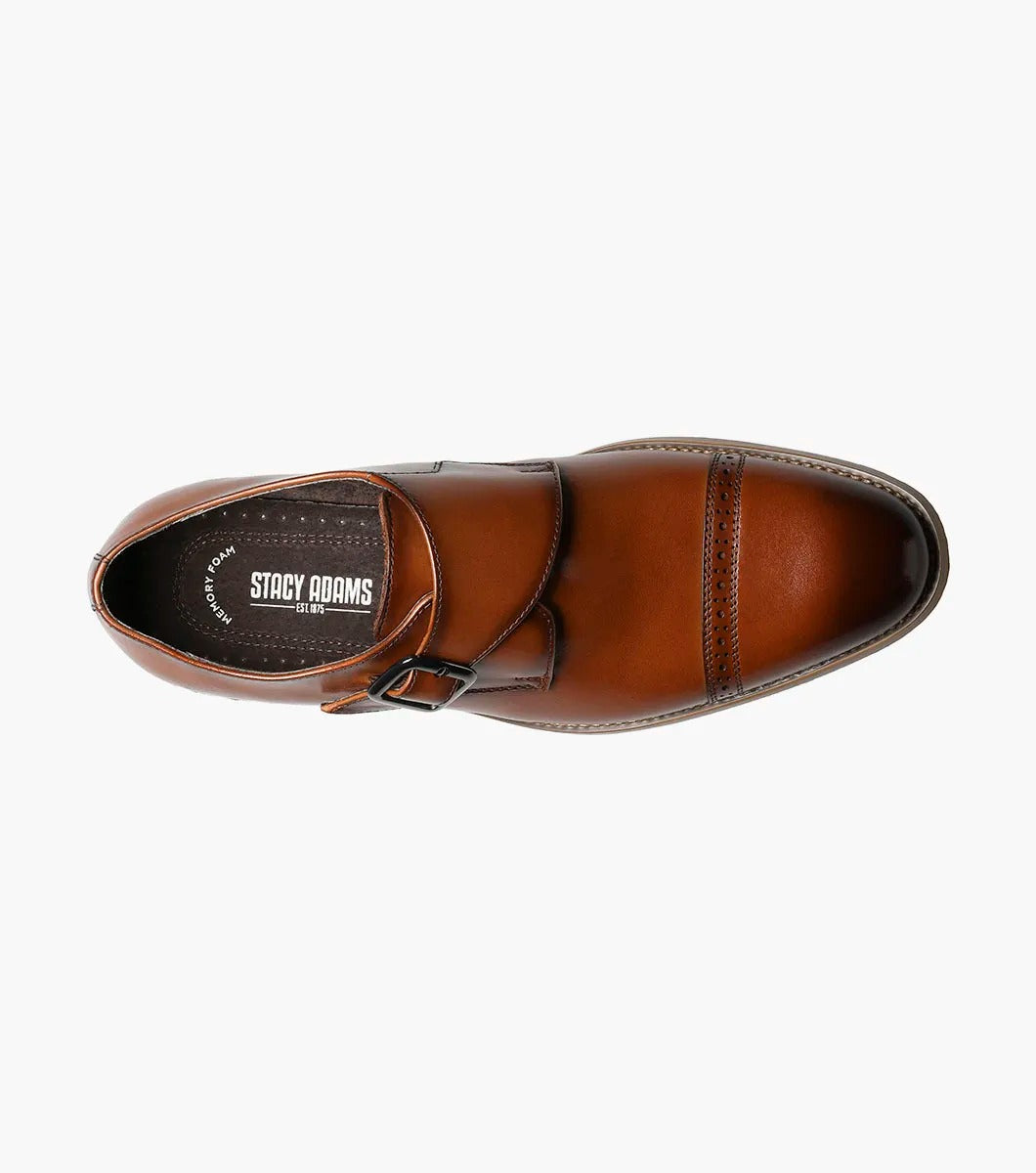 The Stacy Adams DESMOND Cap Toe Monk Strap in cognac combines a buckle, decorative perforations, cap toe detailing, and a wooden heel for a sophisticated look.