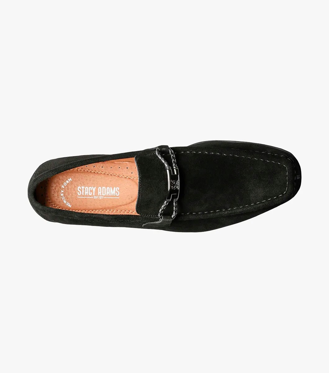 The Stacy Adams NEVILLE Moc Toe Bit Slip On in black suede showcases a metal chain detail on top, accompanied by a slightly elevated heel and stitched accents. Its cushioned insole provides comfort for all-day wear.