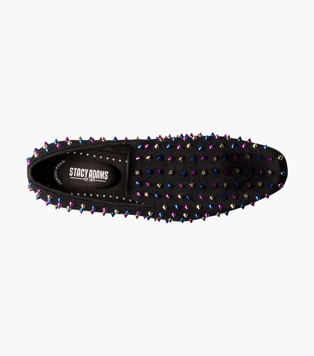 Discover the bold design of the Stacy Adams SPIRE Spiked Slip On in Black/Blue (25532-966). This shoe from STACY ADAMS features vibrant multicolored spikes, a comfortable memory foam insole, and a durable textile upper, seamlessly blending style with practicality.