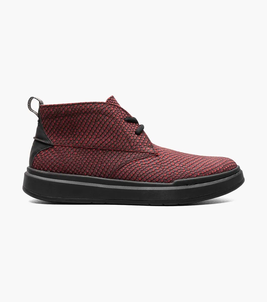 Stacy Adams - CAI Plain Toe Chukka Boot in red, featuring black laces and a wedge sole, with a white and black pull tab at the back.