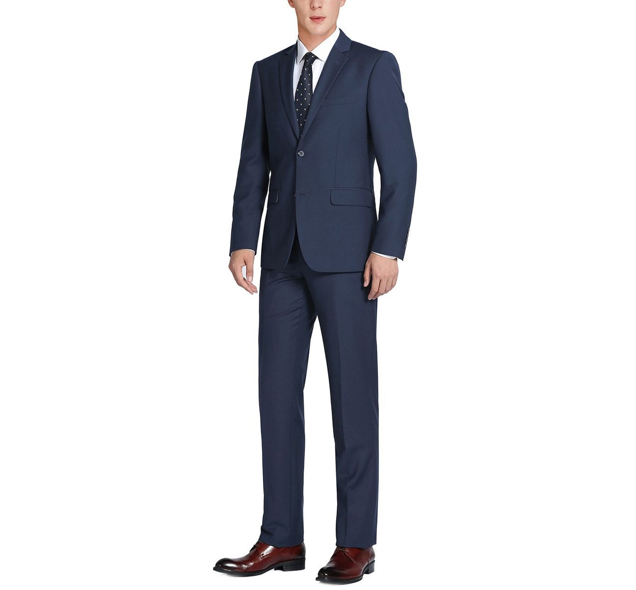 Introducing the Alessandro Vitello by Renoir, a navy 2-piece slim fit suit crafted from 100% wool. This sophisticated ensemble features a notch lapel with a two-button blazer and matching pants. Its twill weave offers an elegant texture, complemented by a stylish pink interior lining for added contrast.