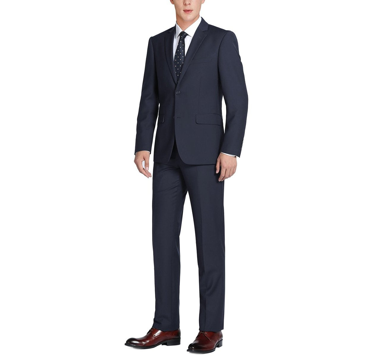 Discover the sophistication of the Alessandro Vitello by Renoir Dark Navy 2-Piece Classic Fit Wool Suit. This elegant ensemble showcases a timeless twill weave and includes a single-breasted jacket with two buttons, a notch lapel, and matching pants. The suit also features a stylish pink-lined interior for an extra touch of flair.