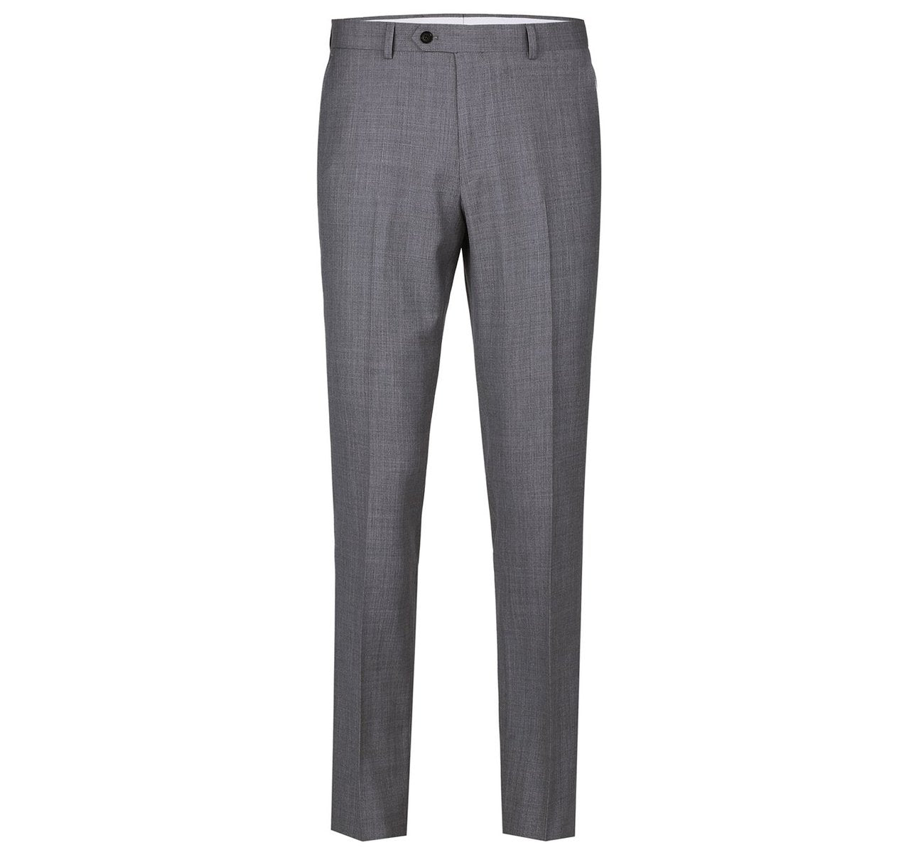 A person wearing a white shirt and the Alessandro Vitello by Renoir Dark Grey Regular Fit Flat Front Wool Suit Pants stands upright.