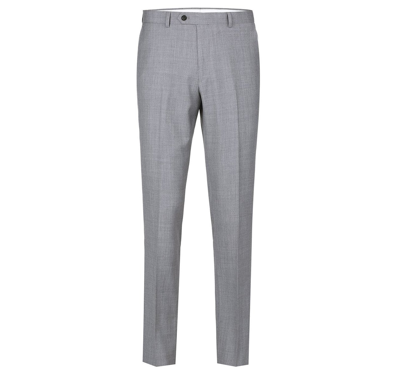 A man is standing, dressed in a pair of Alessandro Vitello by Renoir Grey Regular Fit Flat Front Wool Suit Pants 508-5, crafted from breathable wool, along with a white shirt, with only his torso and legs visible.