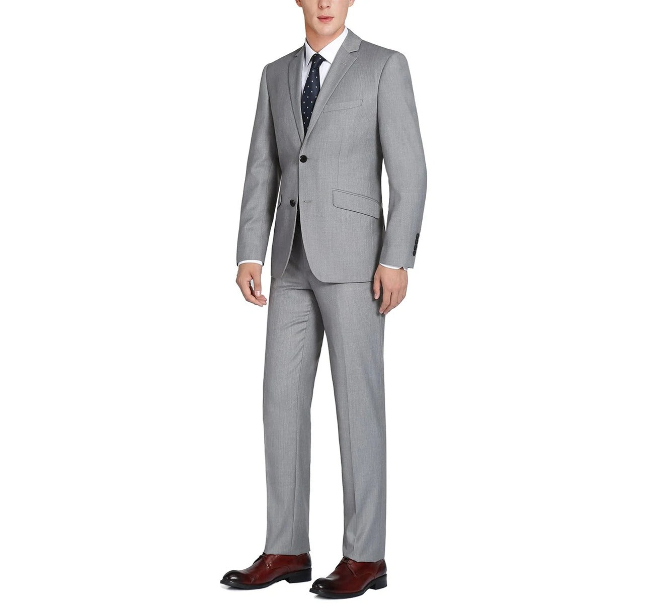 Alessandro Vitello by Renoir Grey 2-Piece Classic Fit Notch Lapel Wool Suit 508-5, consisting of a single-breasted, two-button jacket and matching regular fit trousers, displayed on a white background.