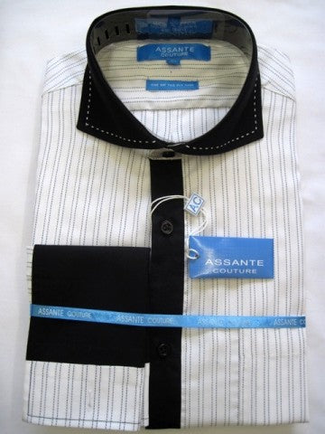 Assante Couture Black & White Striped Cut Away Collar W/ French Cuff (517) (18.5 6/7)