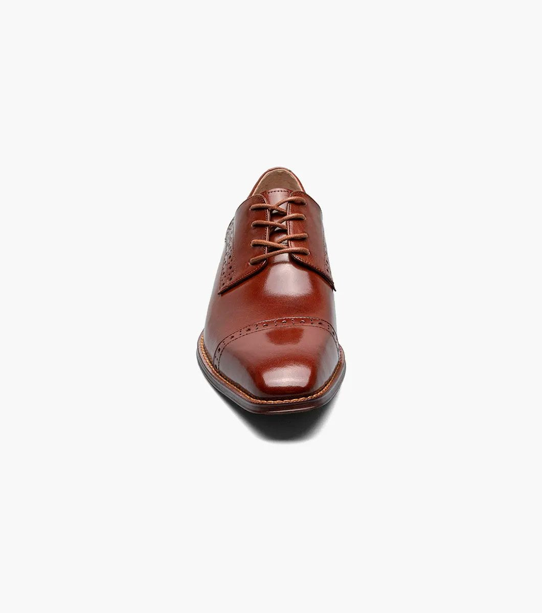 Introducing the Stacy Adams - GARRETT Cap Toe Oxford in Cognac (style number 25543-221) featuring brogue detailing, Buffalo leather upper, and classic laces, set against a white background.