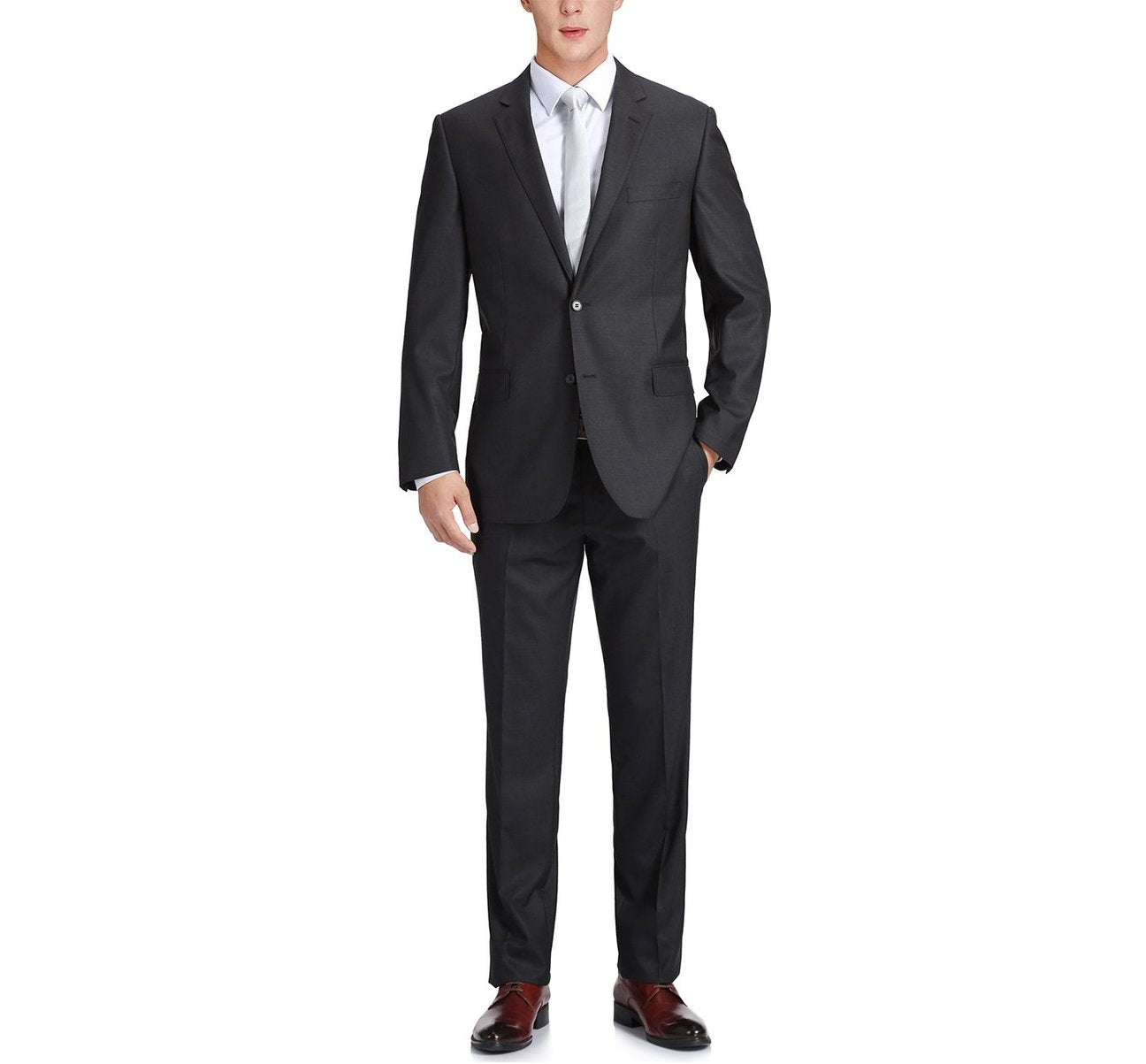 The Alessandro Vitello by Renoir 2-Button Classic Fit Notch Lapel Wool Suit, model 555-3, featuring a dark gray jacket and matching trousers, is displayed separately against a white background.