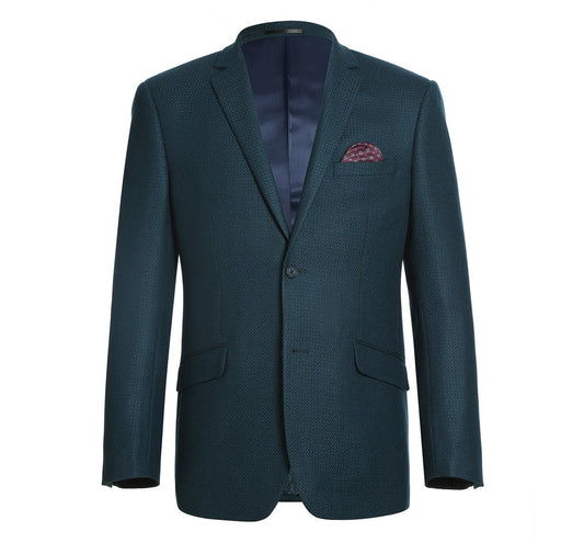 Alessandro Vitello by Renoir presents a Black/Blue Slim Fit Wool Blend Sport Coat, featuring a textured design with notched lapel, front pocket, and complemented by a maroon patterned pocket square.