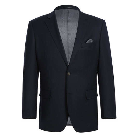 A classic fit navy blazer from Renoir, crafted from premium materials, featuring notch lapels, two buttons, front pockets, and a stylish visible pocket square.