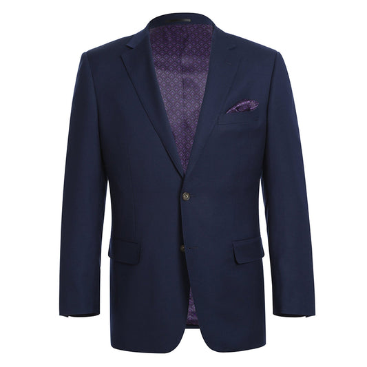 Introducing the Alessandro Vitello by Renoir Dark Navy Classic Fit Notch Lapels Solid Blazer. This single-breasted jacket offers a refined look, complete with a patterned purple lining and a chic pocket square. Crafted from 100% wool, it embodies timeless elegance.