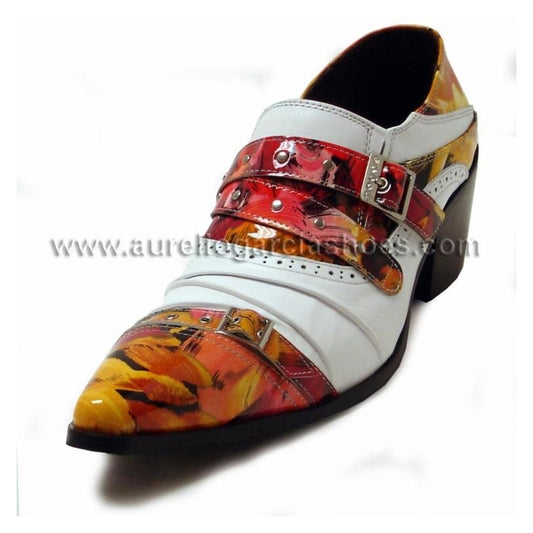 The FI-6771 White Yellow Fiesso by Aurelio Garcia women's shoe from the Fiesso brand features a pointed toe and block heel, adorned with vibrant red and orange patterns on the straps and toe. With its chic dress style, it offers a striking contrast against its white patent leather base.