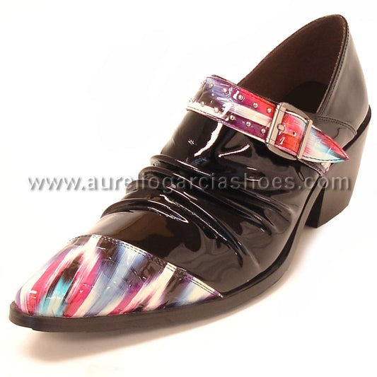 A Fiesso black patent leather shoe, named FI-6785 Black Multi Fiesso by Aurelio Garcia, showcases a colorful abstract design on the pointed toe and strap, complete with a silver metal buckle.