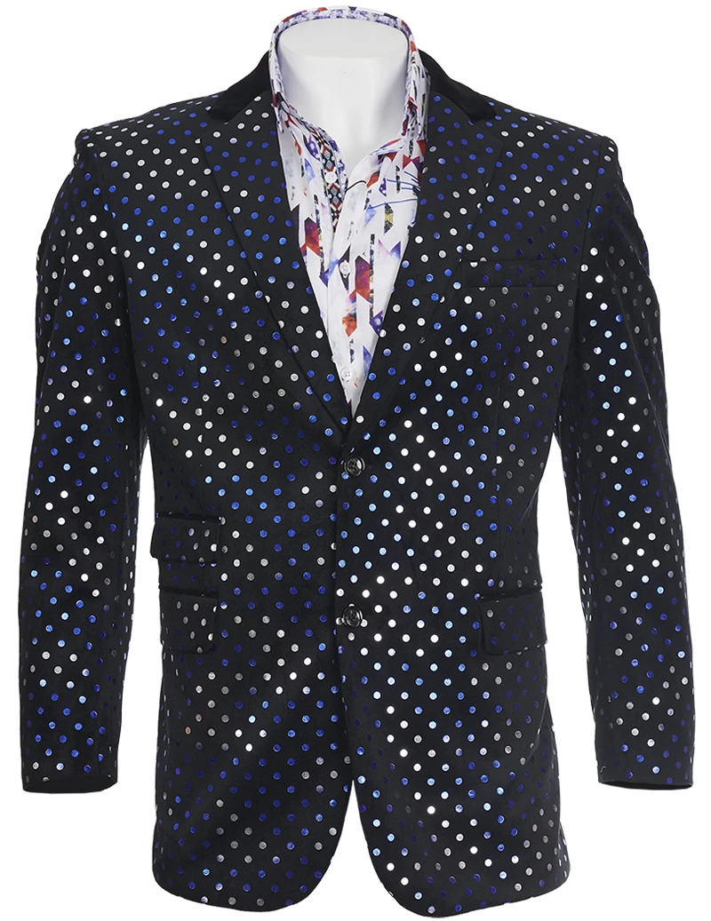 The Inserch Slim Fit Jacquard Blazer 563-01 in Black, adorned with a pattern of blue and white dots and paired with a multicolored patterned shirt, provides a sleek and modern look.