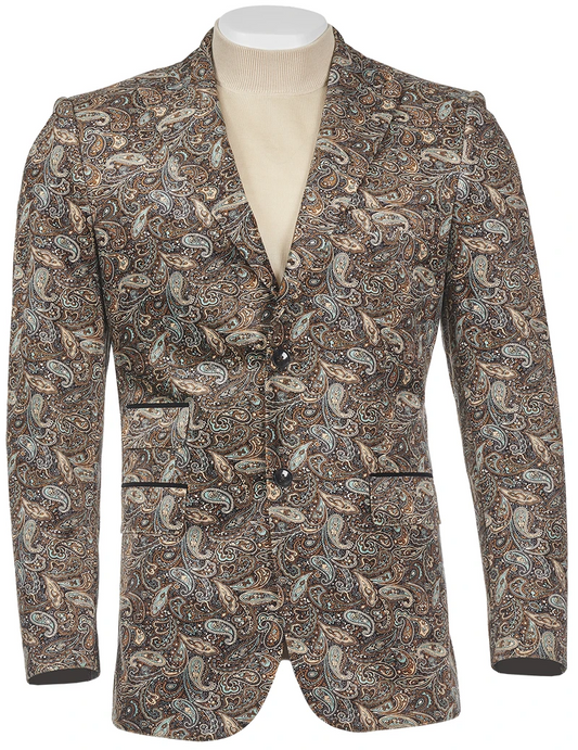 The Inserch Paisley Pattern Velvet Blazer 595-47 in light brown, exclusively in size L and on final sale, is elegantly showcased on a white mannequin torso, highlighting its sophisticated paisley design in rich shades of brown, black, and blue.