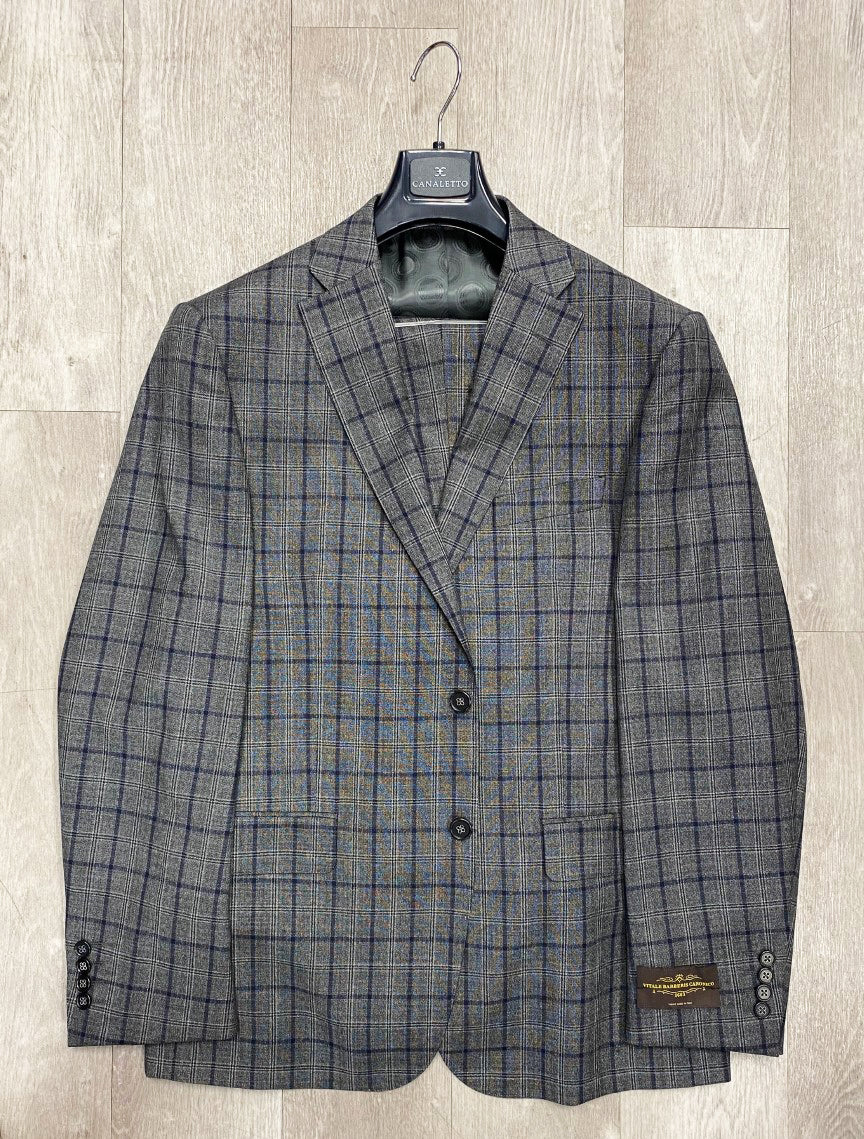 Canaletto Grey/Blue Plaid Dolcetto Modern Fit Pure Wool Suit by Vitale Barberis Canonico Cloth CV27.152/1 (SIZE 40S, 46S, 44R ONLY)