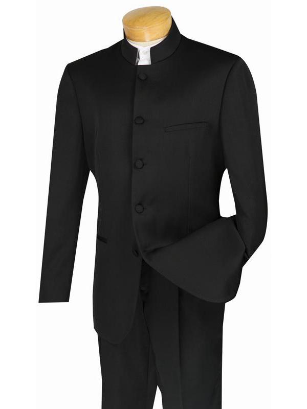 The Vinci Regular Fit 2 Piece Banded Collar Tuxedo (Black) 5HT by Vinci Suits is displayed on a mannequin, showcasing its banded collar and buttoned front, elegantly paired with single pleated pants.