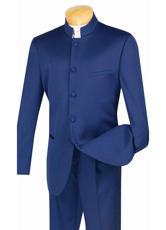 A mannequin displays the Vinci Suits Regular Fit 2 Piece Banded Collar Tuxedo in navy, featuring a buttoned front and is paired with single pleated pants, all set against a plain white background.