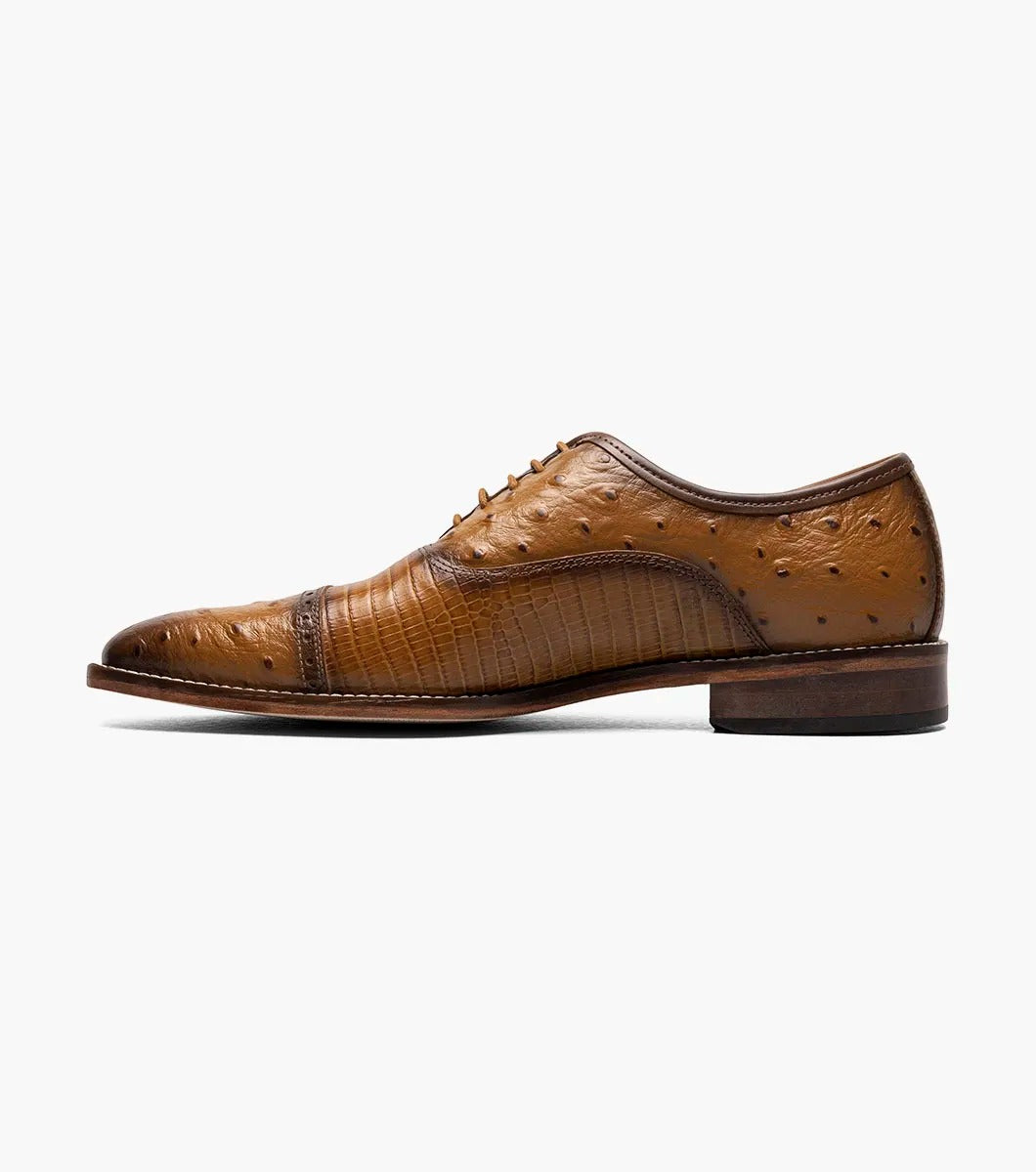 Stacy Adams' RODANO Leather Sole Cap Toe Oxford in Tan, style number 25527-240, is a textured brown leather dress shoe featuring laces and a low heel.