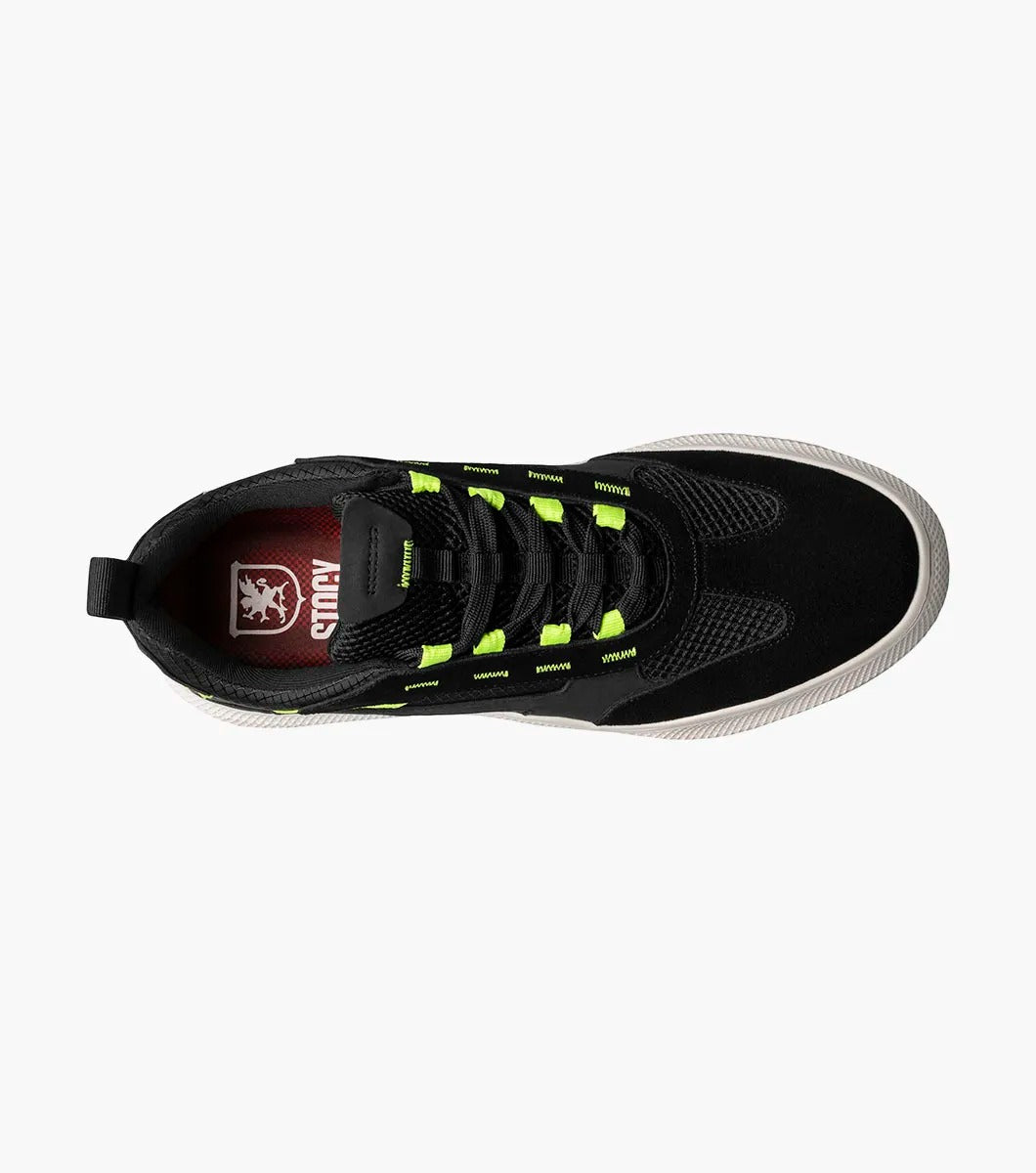 The Stacy Adams Ventura T-Toe Lace Up Sneaker in Black Multi, model 25514-009, combines black and green hues with a white sole for a stylish sneaker design set against a simple backdrop. Crafted for maximum comfort, it incorporates the cutting-edge RedZone removable footbed to make each step feel perfect.