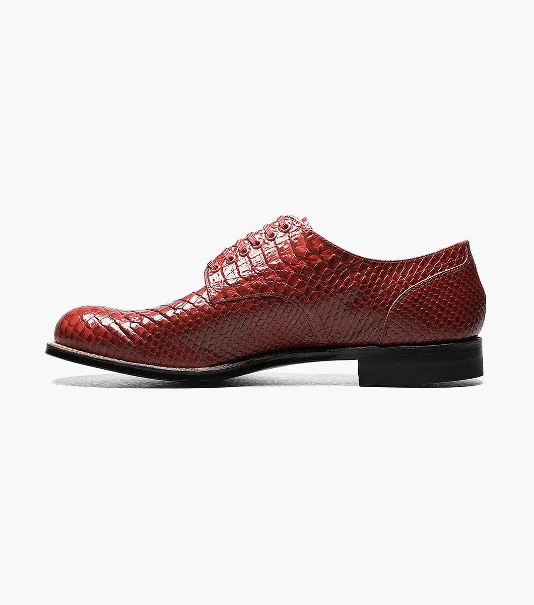 Stacy Adams MADISON Anaconda Plain Toe Oxford in red leather with a black sole, featuring kidskin leather linings, angled view.