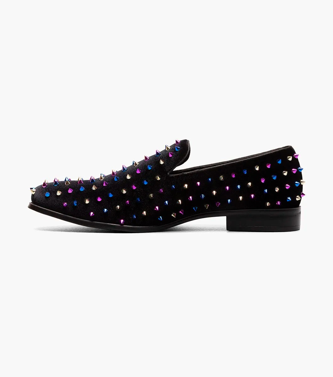 Discover the bold design of the Stacy Adams SPIRE Spiked Slip On in Black/Blue (25532-966). This shoe from STACY ADAMS features vibrant multicolored spikes, a comfortable memory foam insole, and a durable textile upper, seamlessly blending style with practicality.