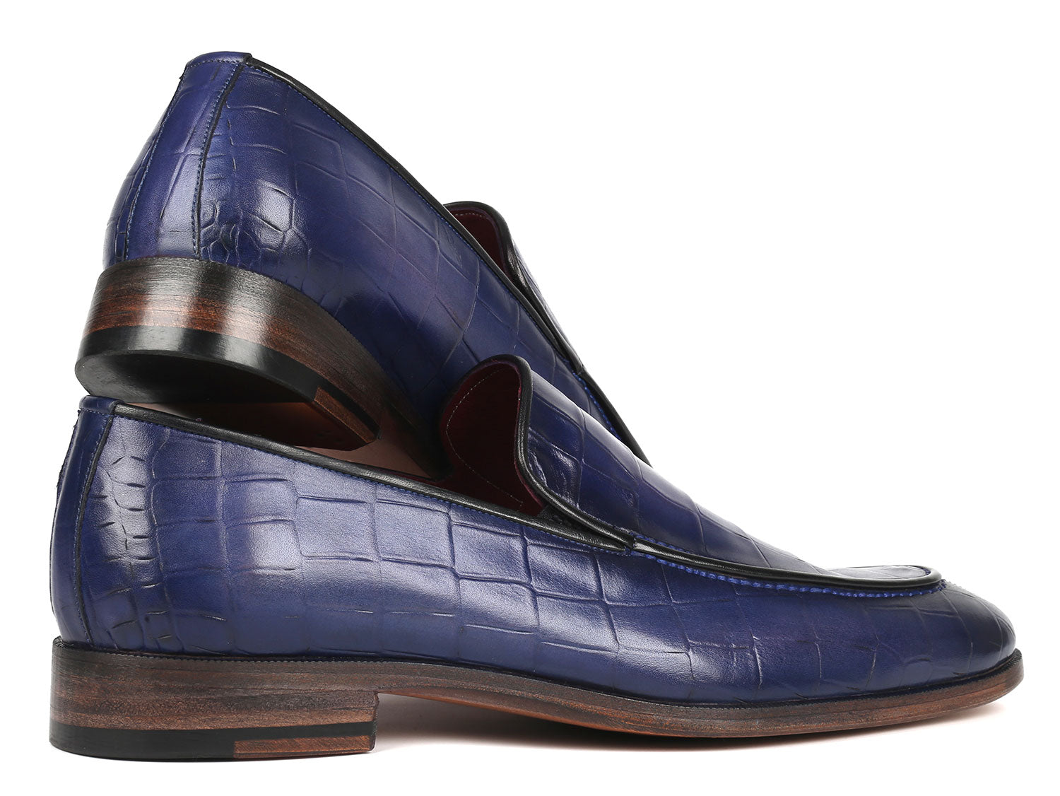 Introducing the Paul Parkman Croco Textured Leather Loafer in Blue (Model 7339-BLU), a luxurious pair of men's loafers made from hand-painted blue croco leather, complete with a low heel and eye-catching red interior lining.