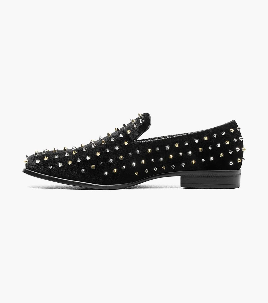 A Stacy Adams SPIRE spiked slip-on loafer in black leather, adorned with silver metal studs.