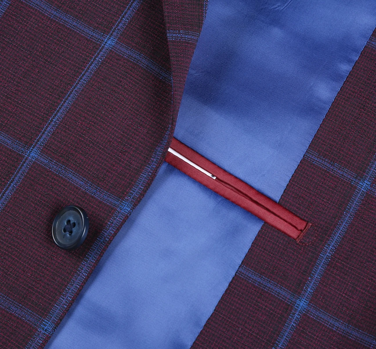 Introducing the Alessandro Vitello by Renoir Sport Coat, a men's slim fit piece in burgundy with an elegant blue lurex checked design and light blue lining. This sophisticated sport coat is equipped with classic notch lapels, a stylish pocket square, and two front buttons.