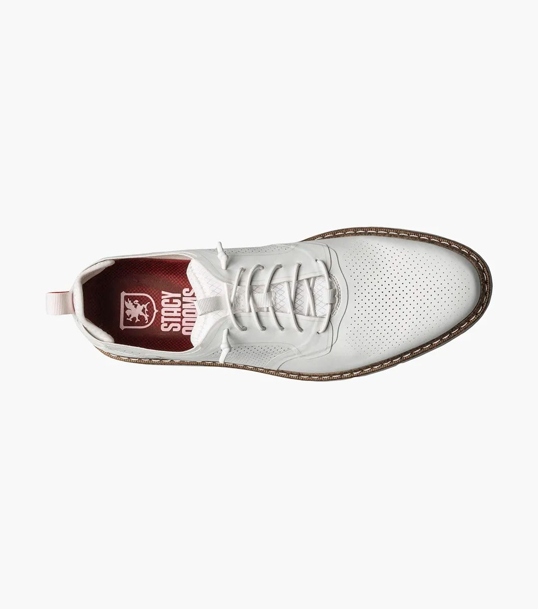 The Stacy Adams SYNCHRO Plain Toe Elastic Lace Up - White - 25518-100 is a versatile shoe showcasing white perforated leather with elastic laces, a brown sole, and a red pull tab at the heel. Crafted by STACY ADAMS for comfort, it offers anatomical arch support, making it ideal for any occasion.