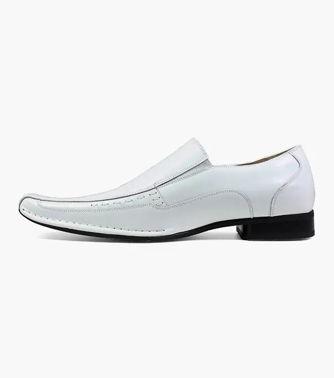 Stacy Adams presents the TEMPLIN Bike Toe Loafer, a white genuine leather slip-on dress shoe featuring a pointed toe, cushioned insole, and a sleek black sole. Model: 24507-100.