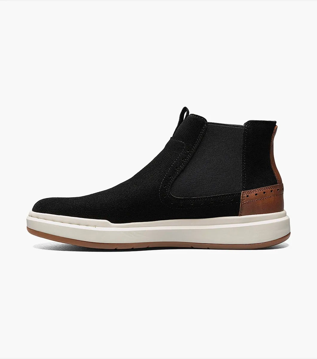 Introducing the Stacy Adams COOPER Plain Toe Chelsea Boot in Black Suede, designed with a white rubber sole, brown accents on the heel, and a plush cushioned insole for exceptional all-day comfort.