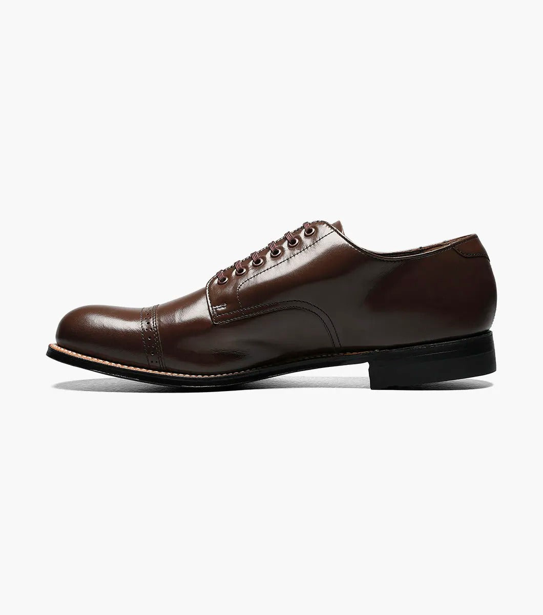 Stacy Adams - MADISON Cap Toe Oxford in luxurious brown kidskin leather, with sleek black laces, gracefully showcased on a white background.