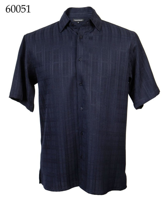 The Bassiri Short Sleeve Shirt 60051, by Bassiri, is a dark blue regular fit short-sleeve button-up shirt adorned with a subtle geometric pattern on a white background. The number "60051" is prominently displayed in the top left corner.