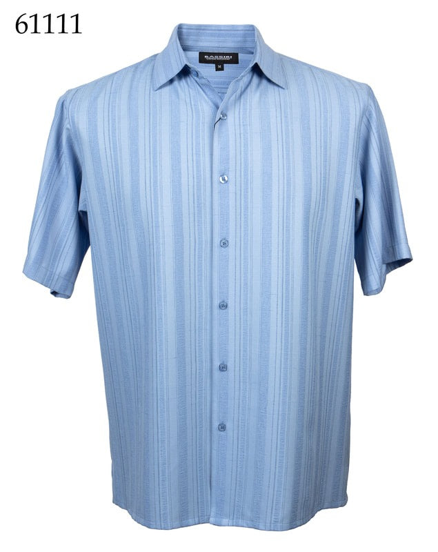 Introducing the Bassiri Short Sleeve Shirt 61111 by Bassiri, a regular fit, button-up shirt featuring subtle vertical stripes on a light blue fabric.