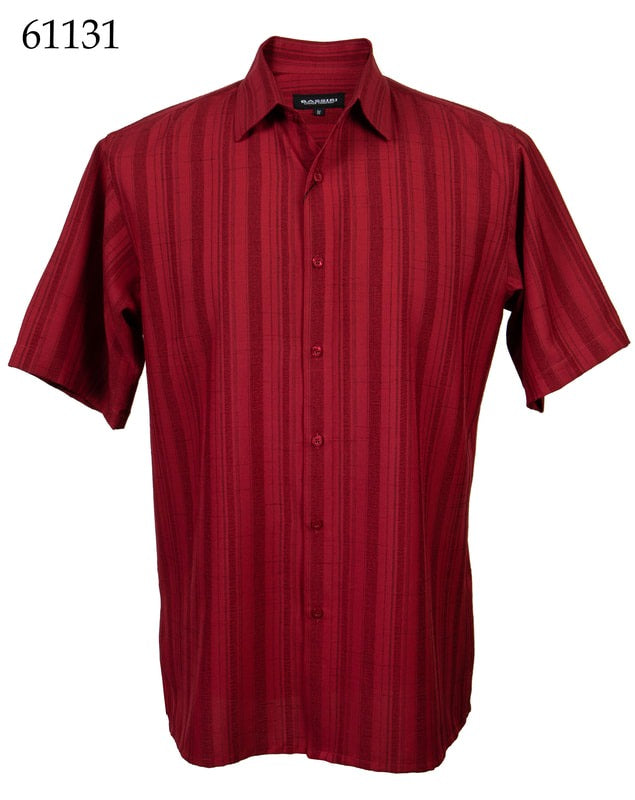 A Bassiri Short Sleeve Shirt 61131, designed in a regular fit, showcases subtle vertical stripes on a plain white background with its red short sleeves and button-up style.