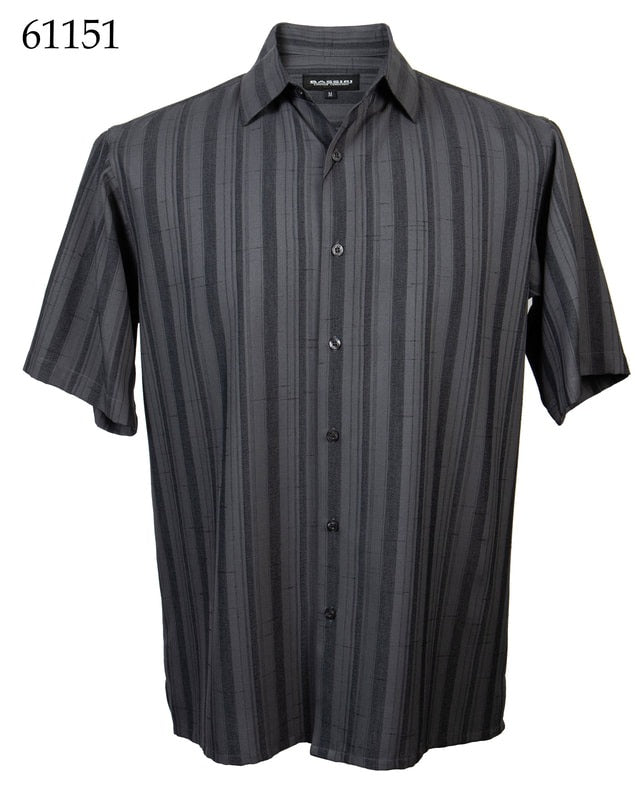 The Bassiri Short Sleeve Shirt 61151 by Bassiri is a regular fit black button-up shirt with vertical stripes, shown on a white background.