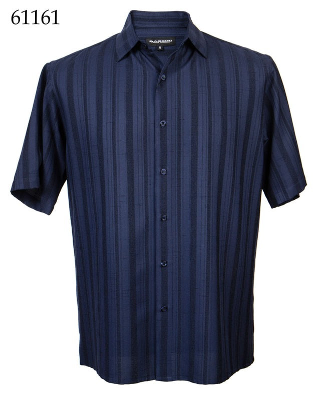 The Bassiri Short Sleeve Shirt 61161 from the brand Bassiri, featuring a navy blue color with vertical stripes and a regular fit, is displayed against a white background.