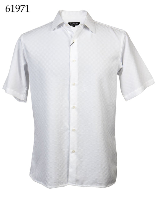 The Bassiri Short Sleeve Shirt 61971 by Bassiri is a Regular Fit white shirt featuring a subtle checkered pattern on a plain background, with the number 61971 displayed in the top left corner.