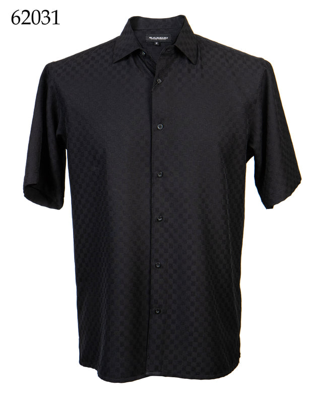 Bassiri's Short Sleeve Shirt 62031, featuring a regular fit and a subtle checkered pattern in black, is showcased against a white background.