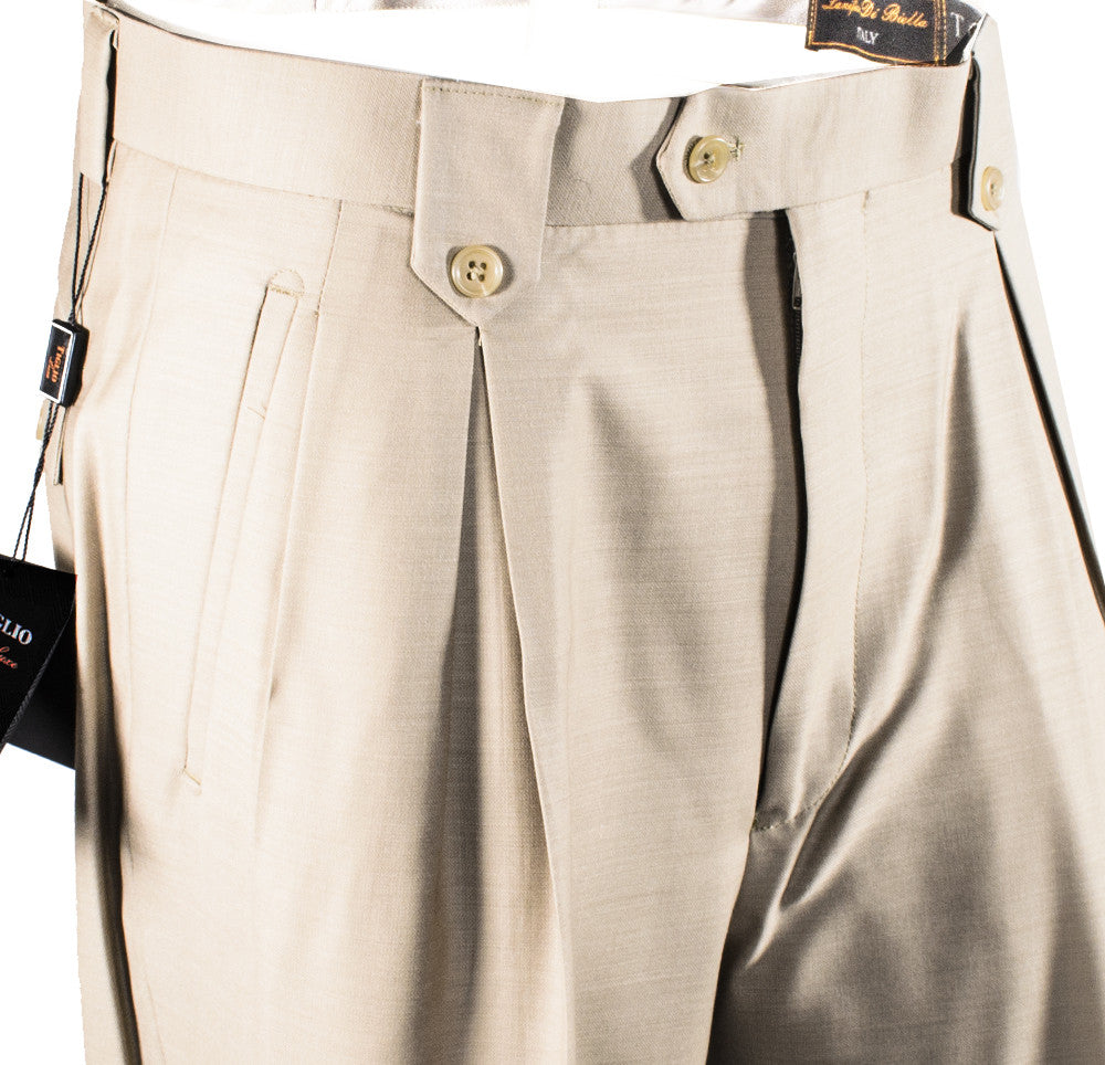 Tiglio Luxe introduces the Tiglio Luxe Tan Wide Leg, Pure Wool Dress Pants 2576 TIG1004, featuring a pleated front, belt loops, and a buttoned pocket, beautifully showcased against a white background.