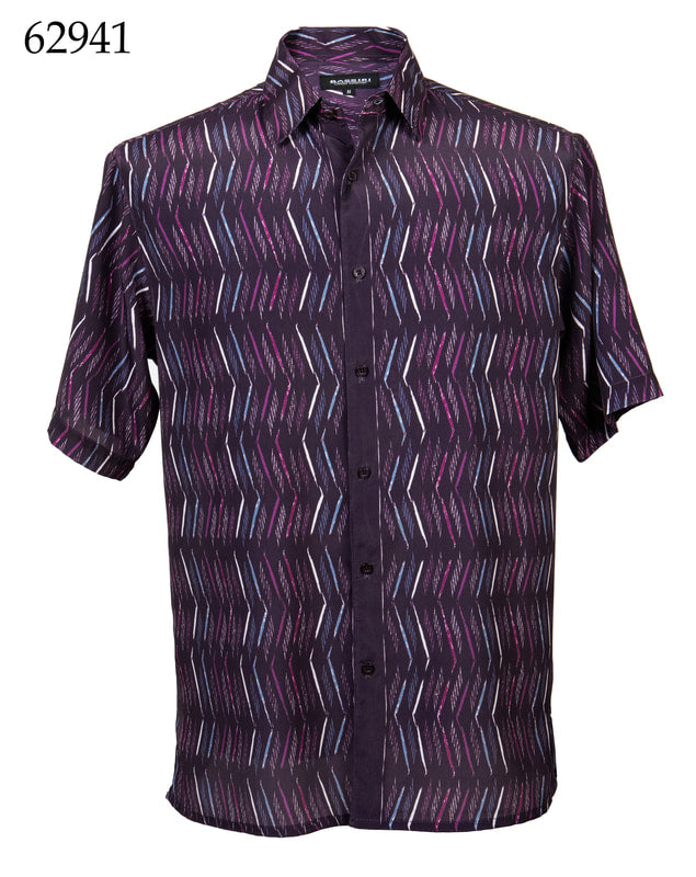 The Bassiri Short Sleeve Shirt 62941 features a geometric zigzag pattern in purple and blue on a dark background. Displayed against a white backdrop, this stylish regular-fit piece is part of the latest collection from Bassiri.