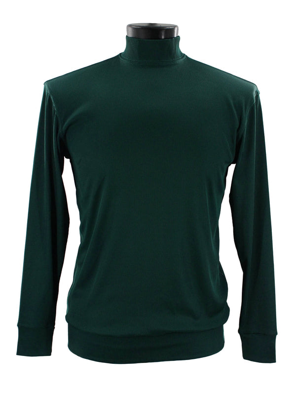 The Bassiri Long Sleeve High Neck Emerald Green T-Shirt 632, known for its Modern Fit with Spandex, is elegantly displayed on a mannequin.