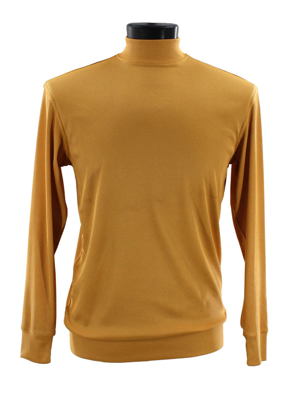 The Bassiri Long Sleeve High Neck Gold T-Shirt 632 is displayed on a black mannequin, highlighting its modern fit that enhances the sleek design.