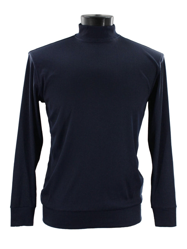 The Bassiri Long Sleeve High Neck Navy T-Shirt 632, by Bassiri, is expertly showcased on a mannequin with a contemporary fit.