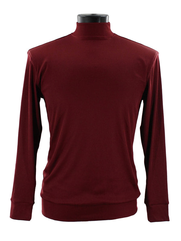 A plum long-sleeve high-neck t-shirt from Bassiri, designed with a modern fit and crafted from soft microfiber blends, elegantly drapes on a mannequin.