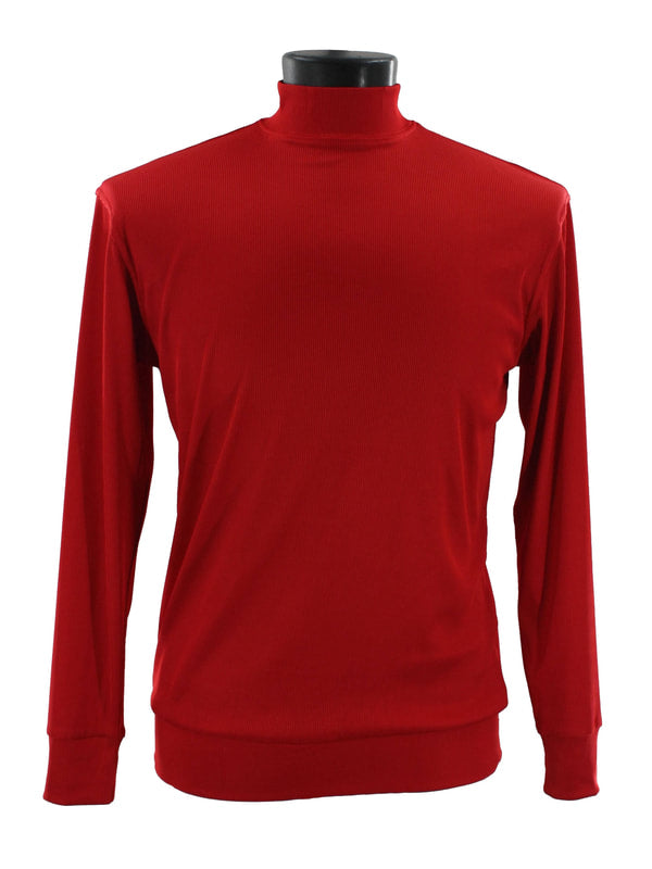 The Bassiri Long Sleeve High Neck Red T-Shirt 632, designed with a hint of spandex for a contemporary fit, elegantly drapes over a black mannequin stand.